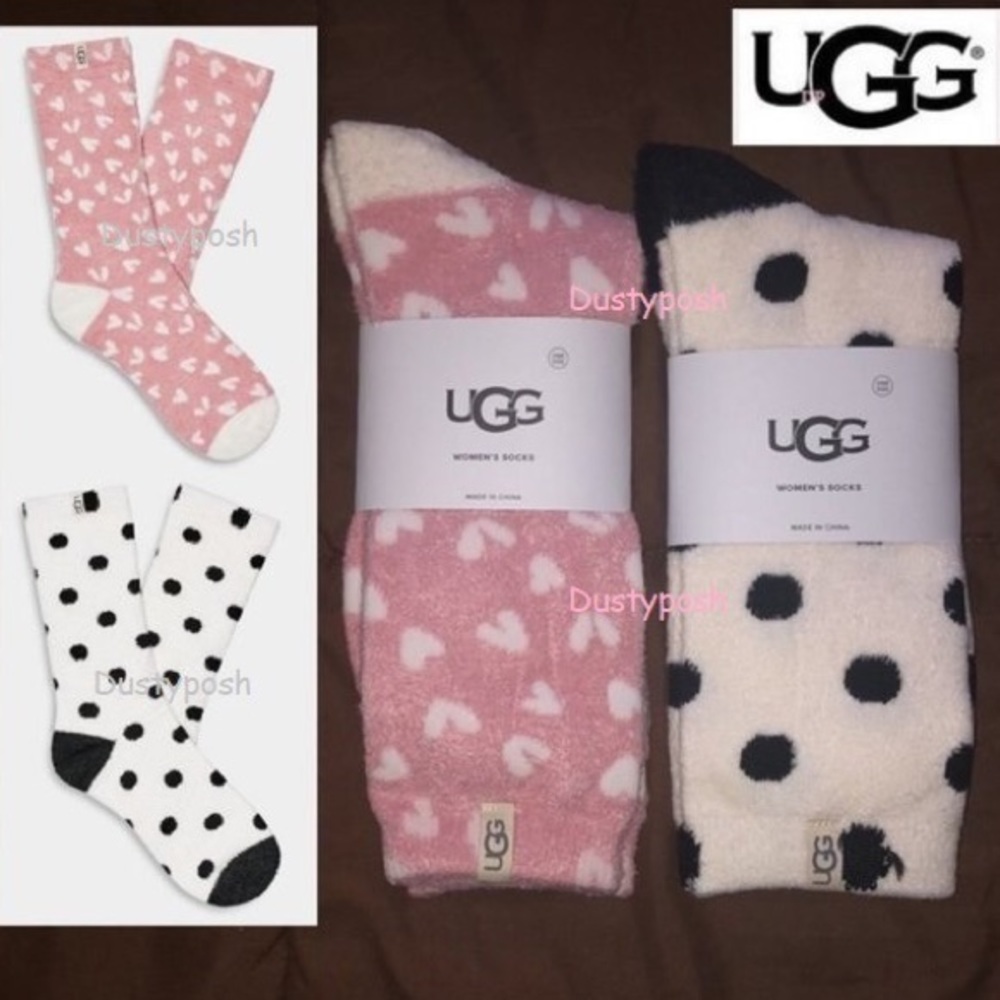 UGG Leslie Graphic Crew Socks Boot Pink White Leopard Cozy 2 Pair Birthday Gift
